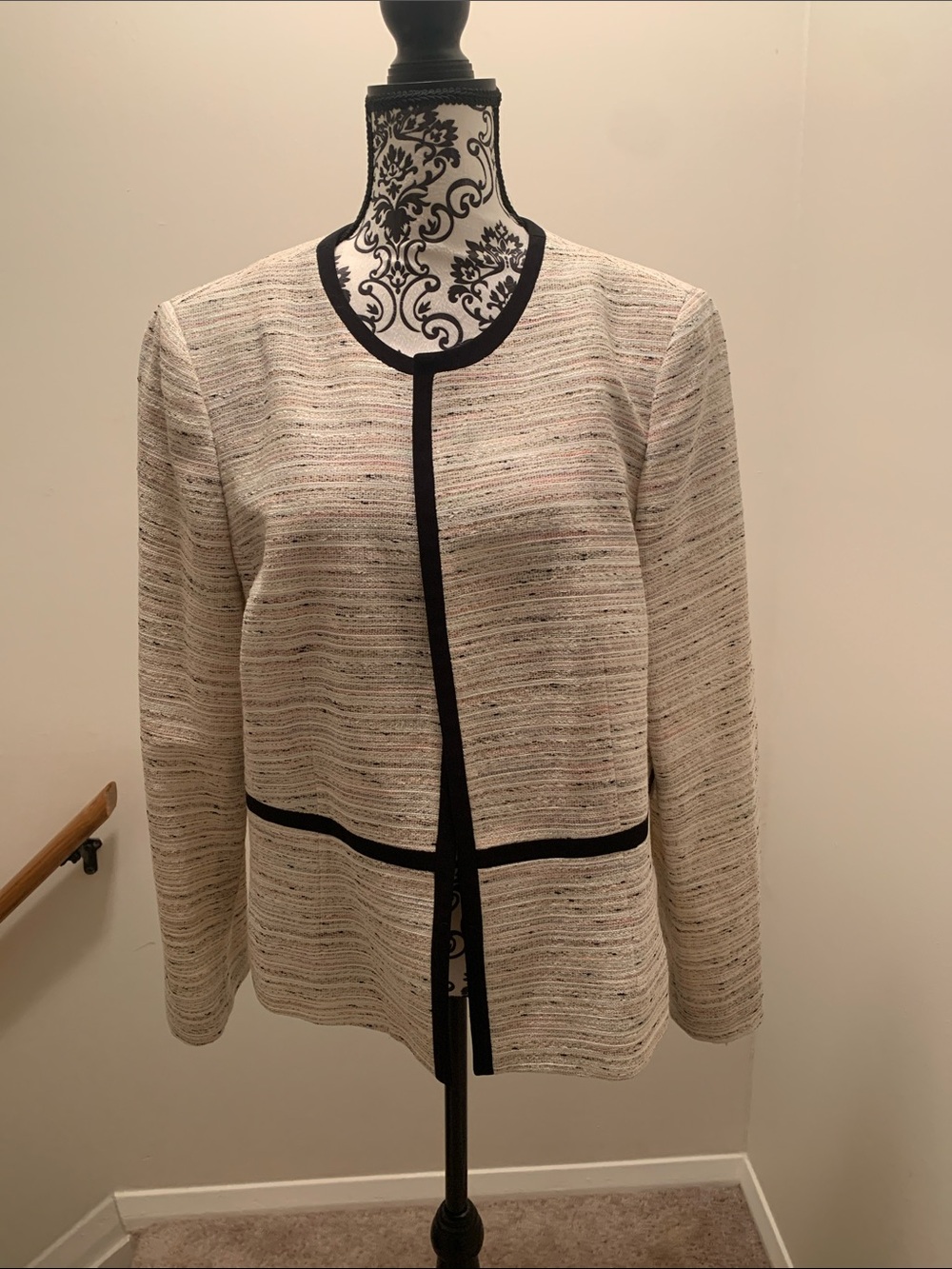 Kasper Ivory Tweed Open-Front Jacket with Black Trim